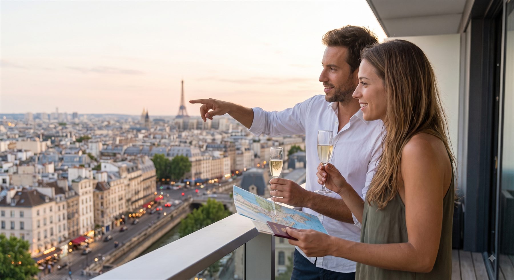 Two travellers on a Paris balcony at sunset, looking out over the city towards the Eiffel Tower.