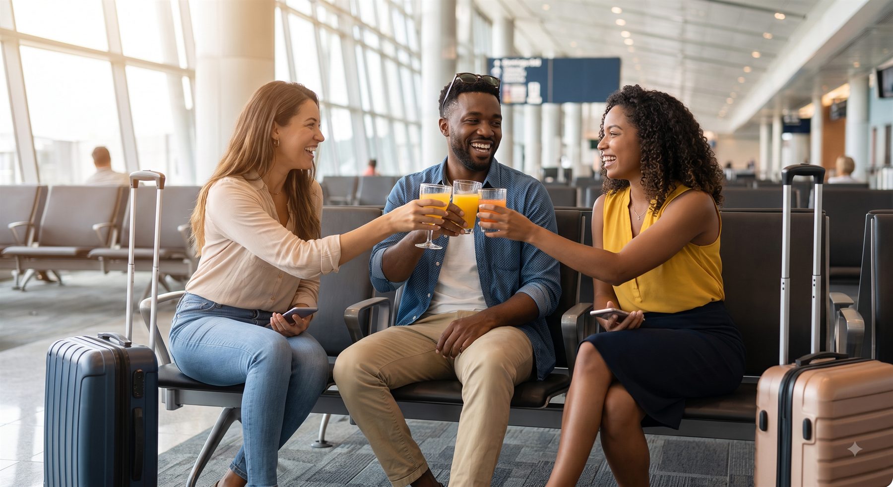 Three friends laughing together in an airport departure lounge, toasting with drinks beside their luggage.
